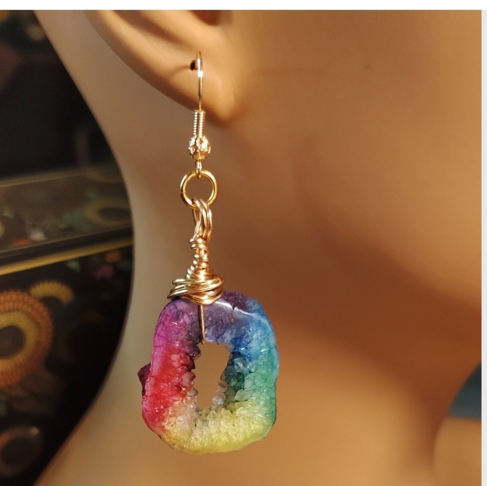 Handmade Colorful Real Geode Hand  Wrapped Earrings, Real Quartz Earrings, Boho